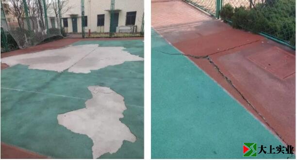 翻新改造前的運(yùn)動(dòng)場(chǎng)地面開(kāi)裂、塑膠老化起鼓破損